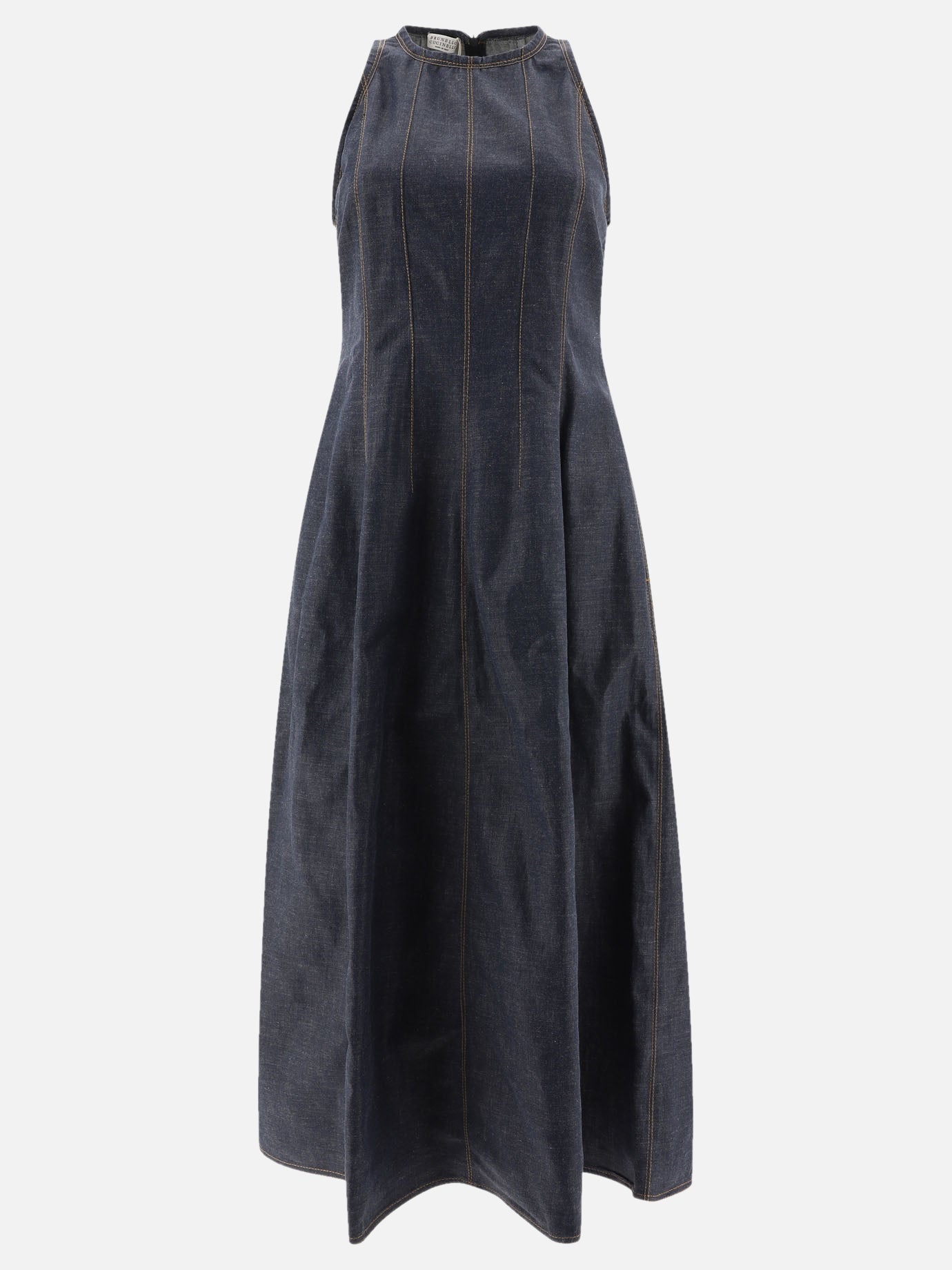 Wet-effect denim dress with shiny trims