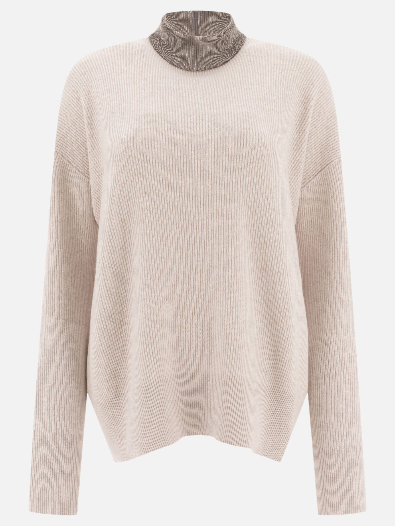 Brunello Cucinelli Cashmere sweater with precious ribbed collar Beige