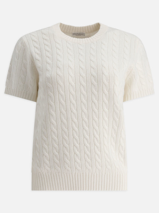 Brunello Cucinelli Cashmere cable knit short sleeve sweater White