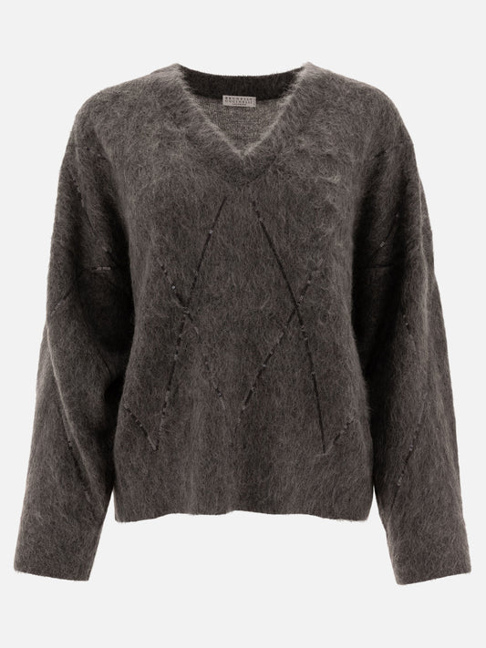 Brunello Cucinelli Sweater with Dazzling Argyle Embroidery Grey