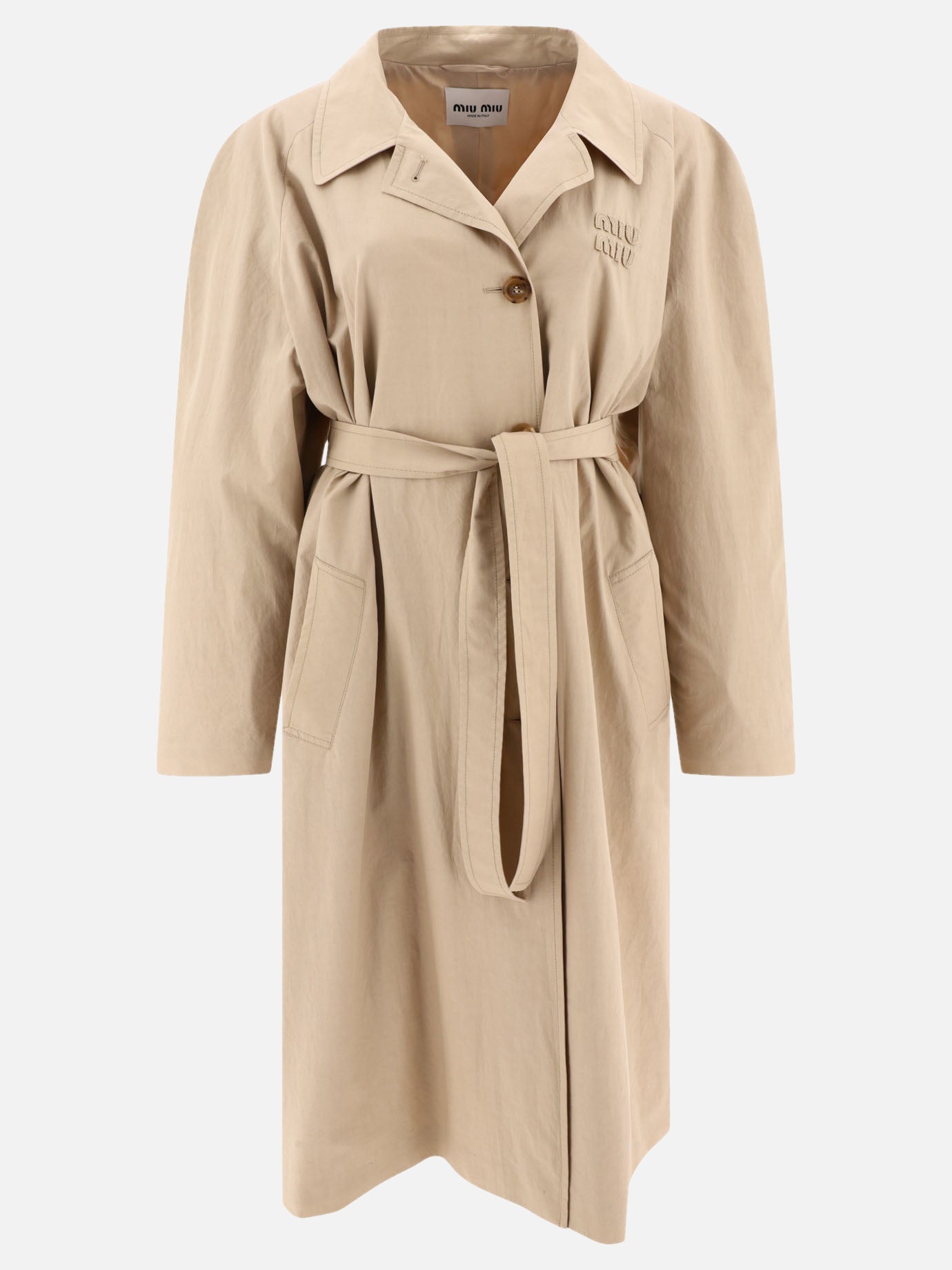 Miu Miu Double-breasted rain coat with logo Beige