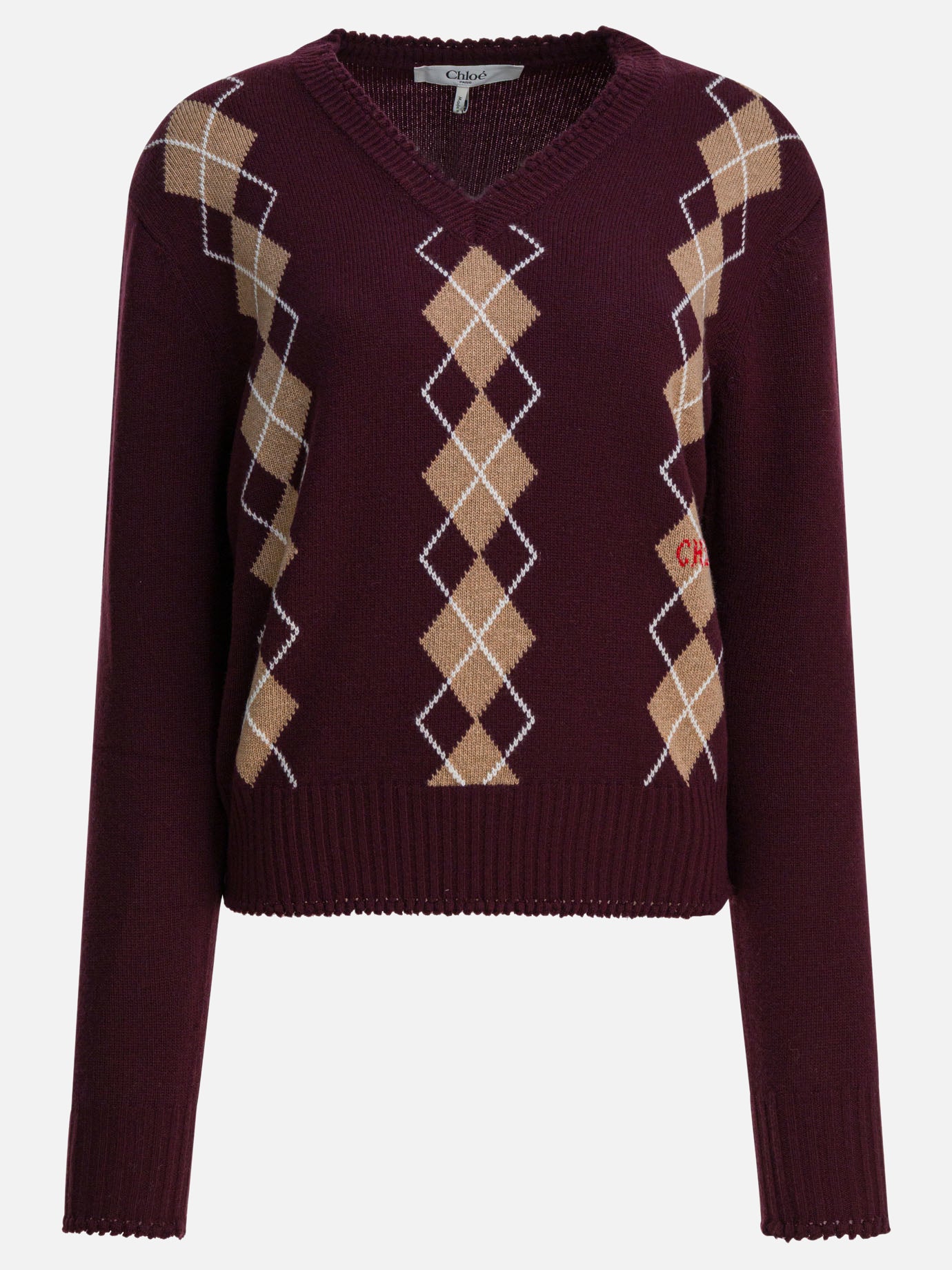 V neck sweaters Argyle  Bordeaux - Chloé Women | PDP | VIETTI Online Store | thumbnail